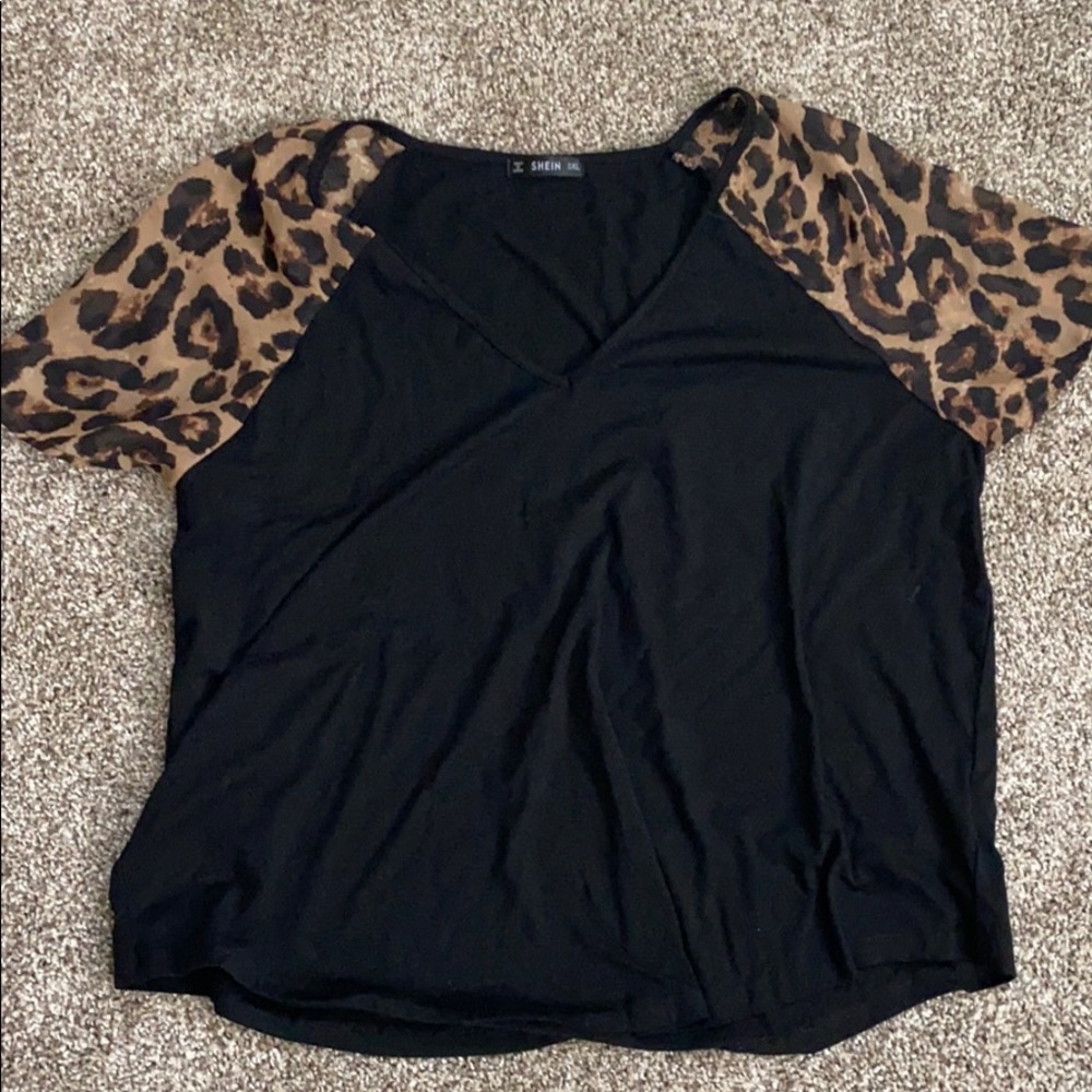 Shein black top with cheetah sleeves 0XL